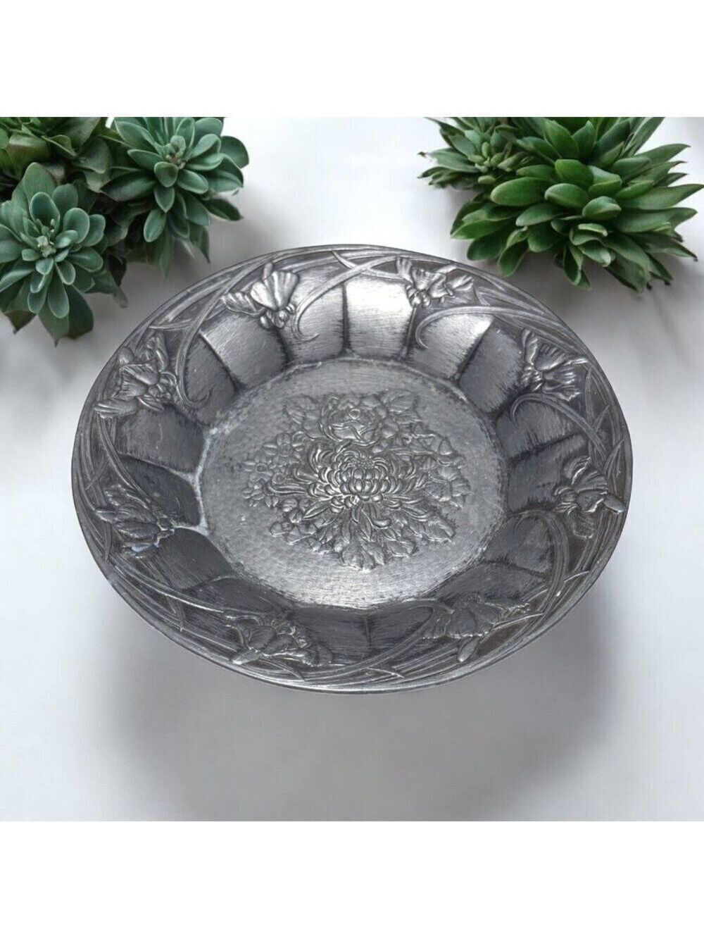 Vintage Japanese Embossed Metal Floral Relief Plate 7 in